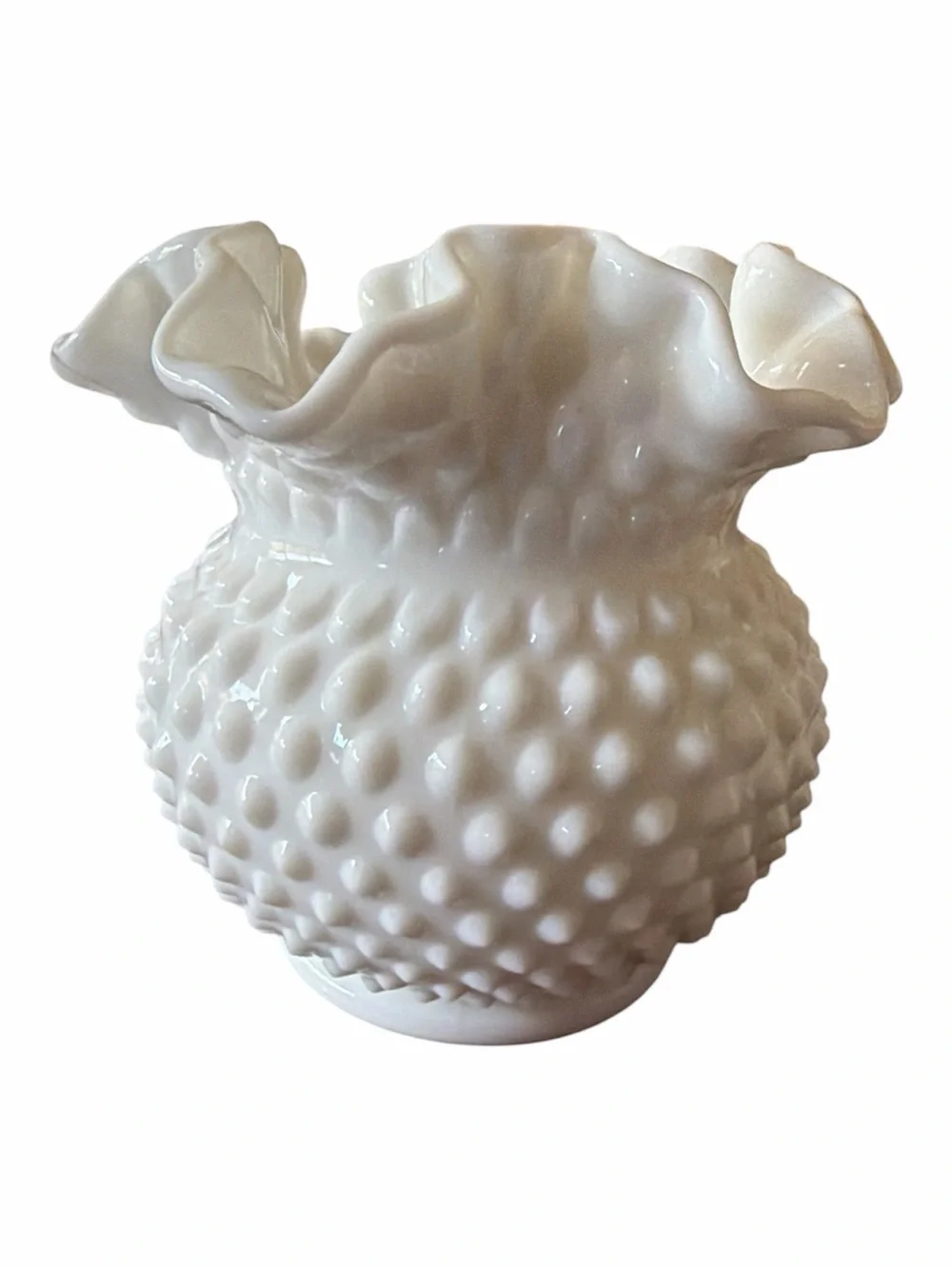 Vintage Fenton White Milk Hobnail Ruffled Rim Large Rose Bowl Vase - 6 1/8